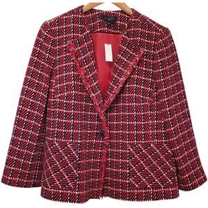 NWT TALBOTS Twill Check Plaid Jacket Blazer Red Black White Women's Size 16